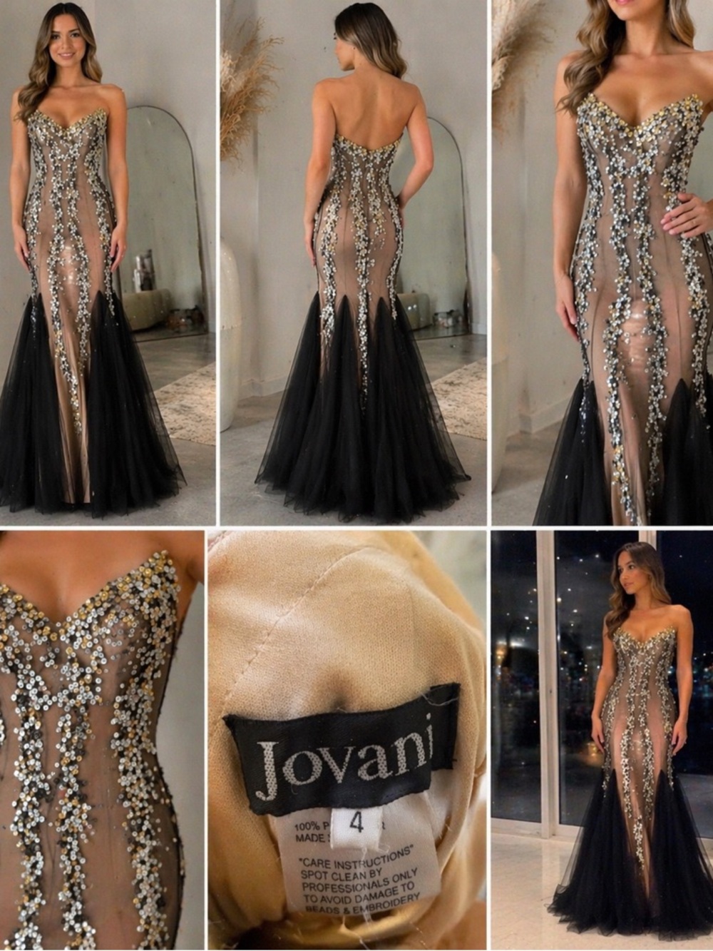 Jovani Black and Nude Sequin Strapless Mermaid Dress